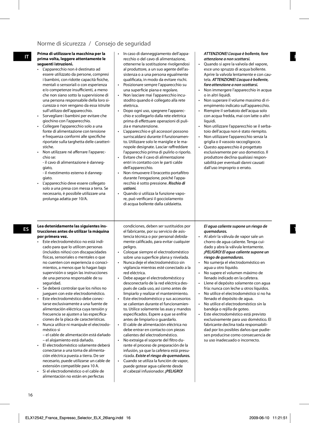 Electrolux EEA250 manual Norme di sicurezza / Consejo de seguridad, Attenzione a non scottarsi, Ustioni, Quemaduras 