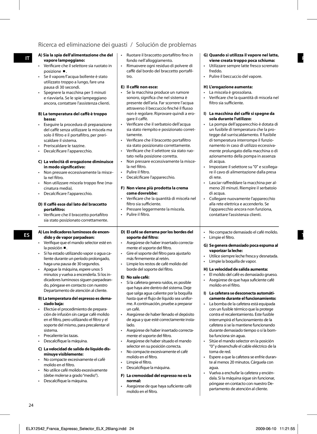 Electrolux EEA250 manual Ricerca ed eliminazione dei guasti / Solución de problemas 