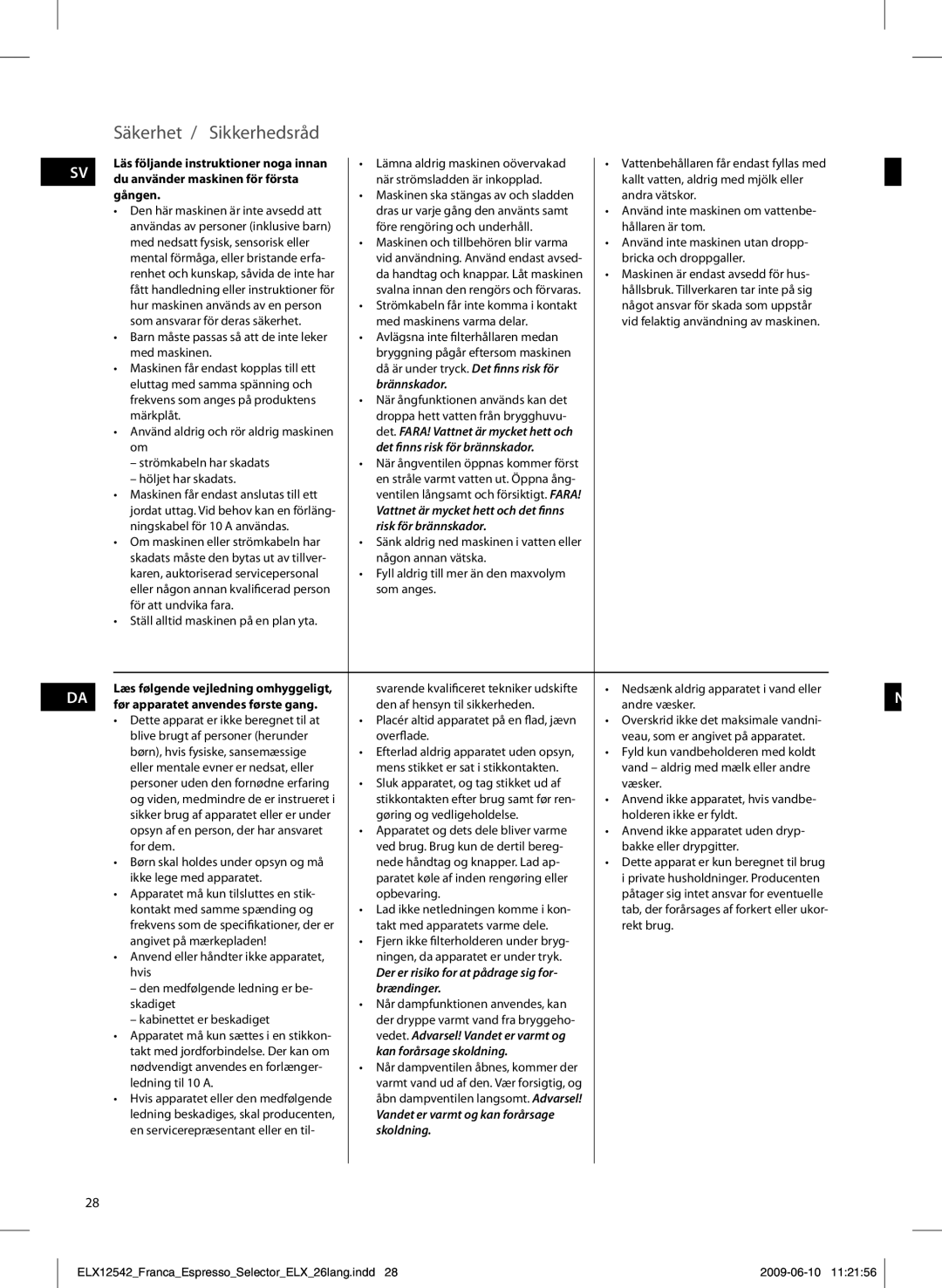 Electrolux EEA250 manual Säkerhet / Sikkerhedsråd 