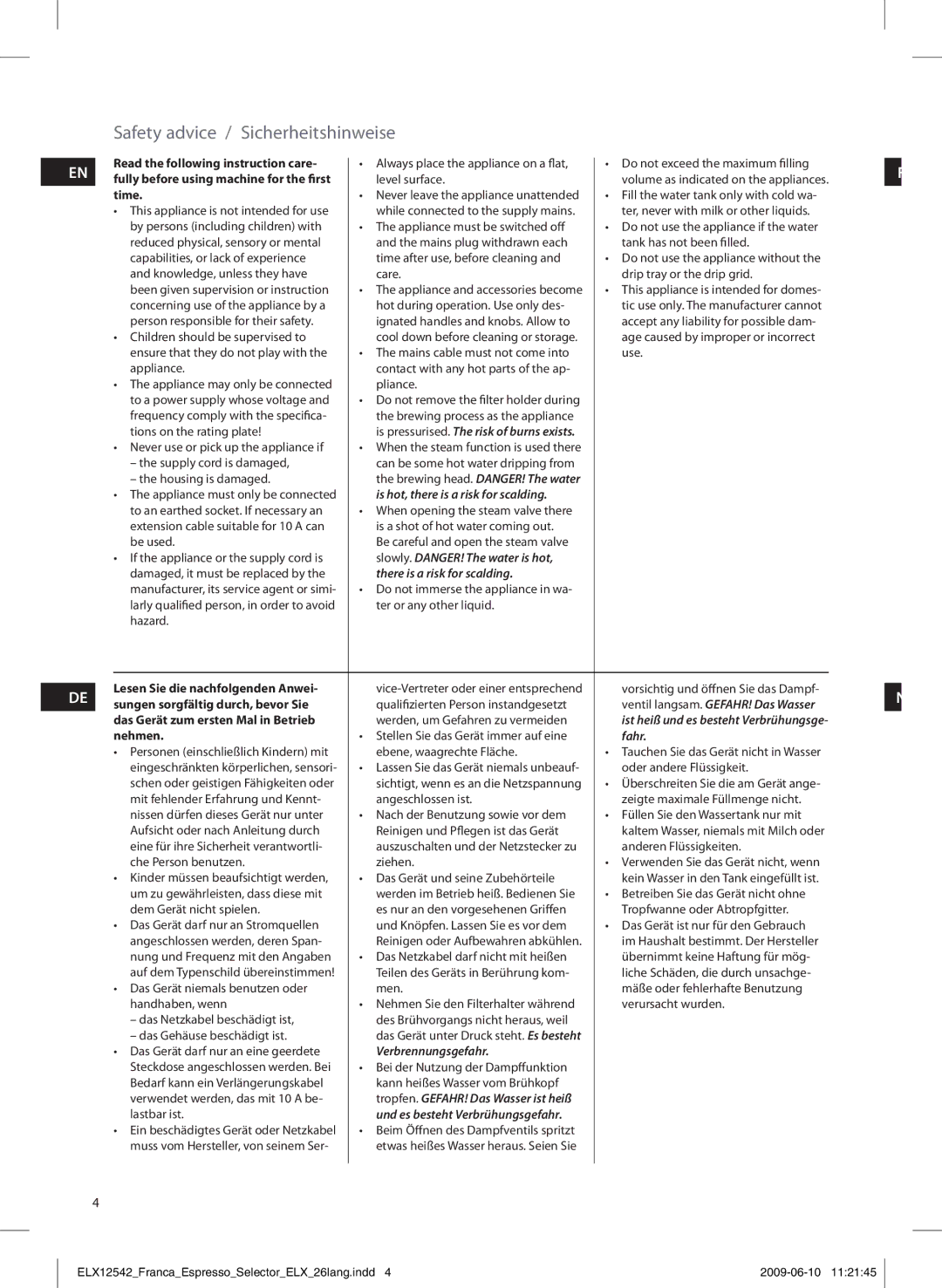 Electrolux EEA250 manual Safety advice / Sicherheitshinweise, There is a risk for scalding, Fahr, Verbrennungsgefahr 