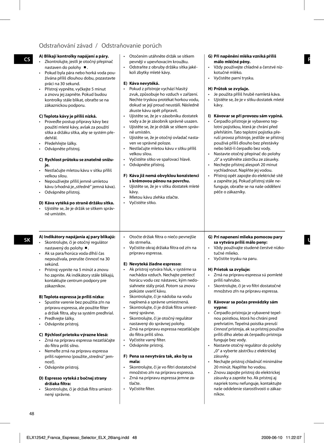 Electrolux EEA250 manual Odstraňování závad / Odstraňovanie porúch 