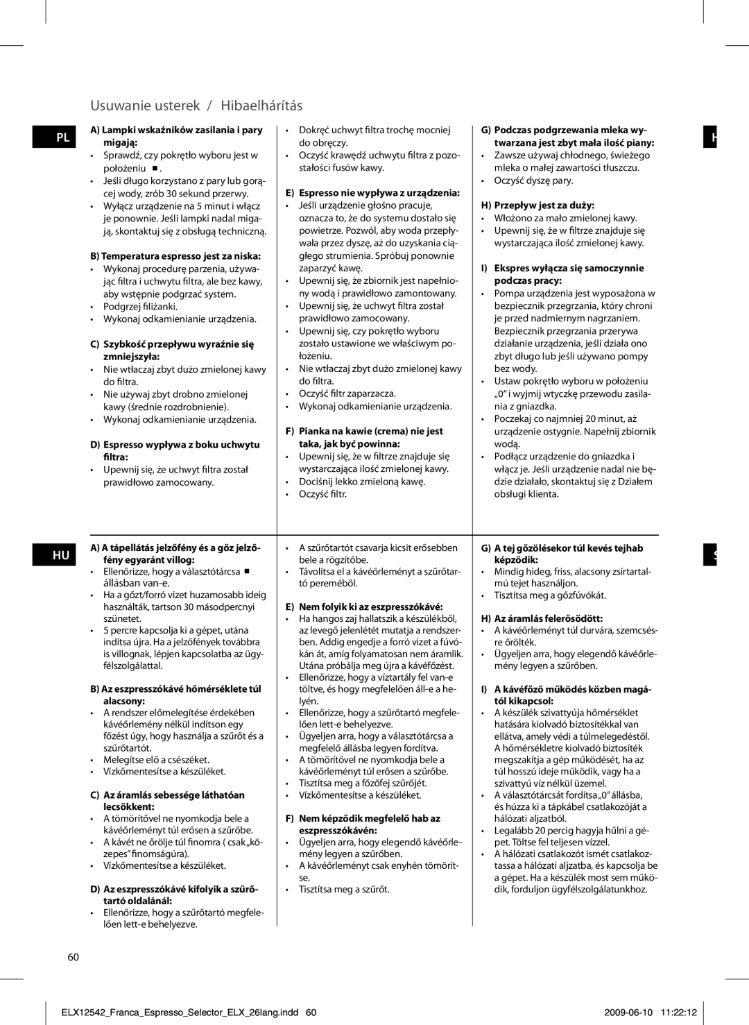 Electrolux EEA250 manual Usuwanie usterek / Hibaelhárítás 