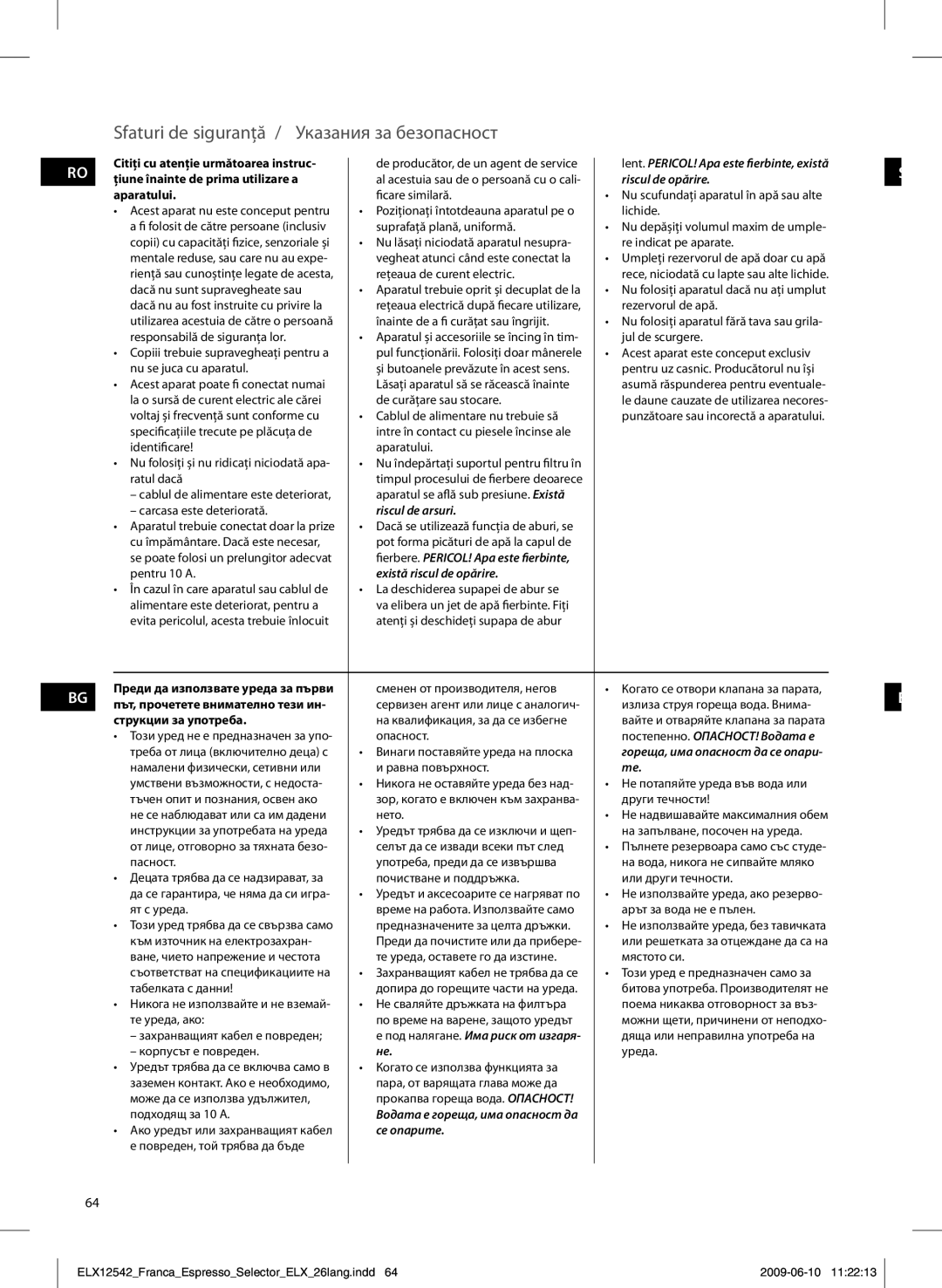 Electrolux EEA250 manual Sfaturi de siguranţă / Указания за безопасност, Riscul de opărire, Riscul de arsuri, Се опарите 