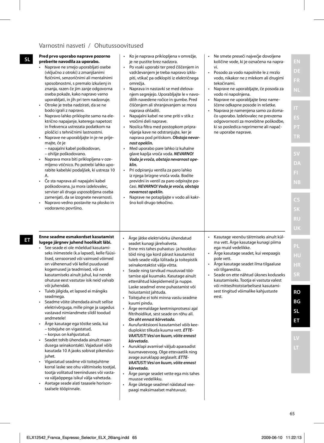 Electrolux EEA250 manual Varnostni nasveti / Ohutussoovitused 