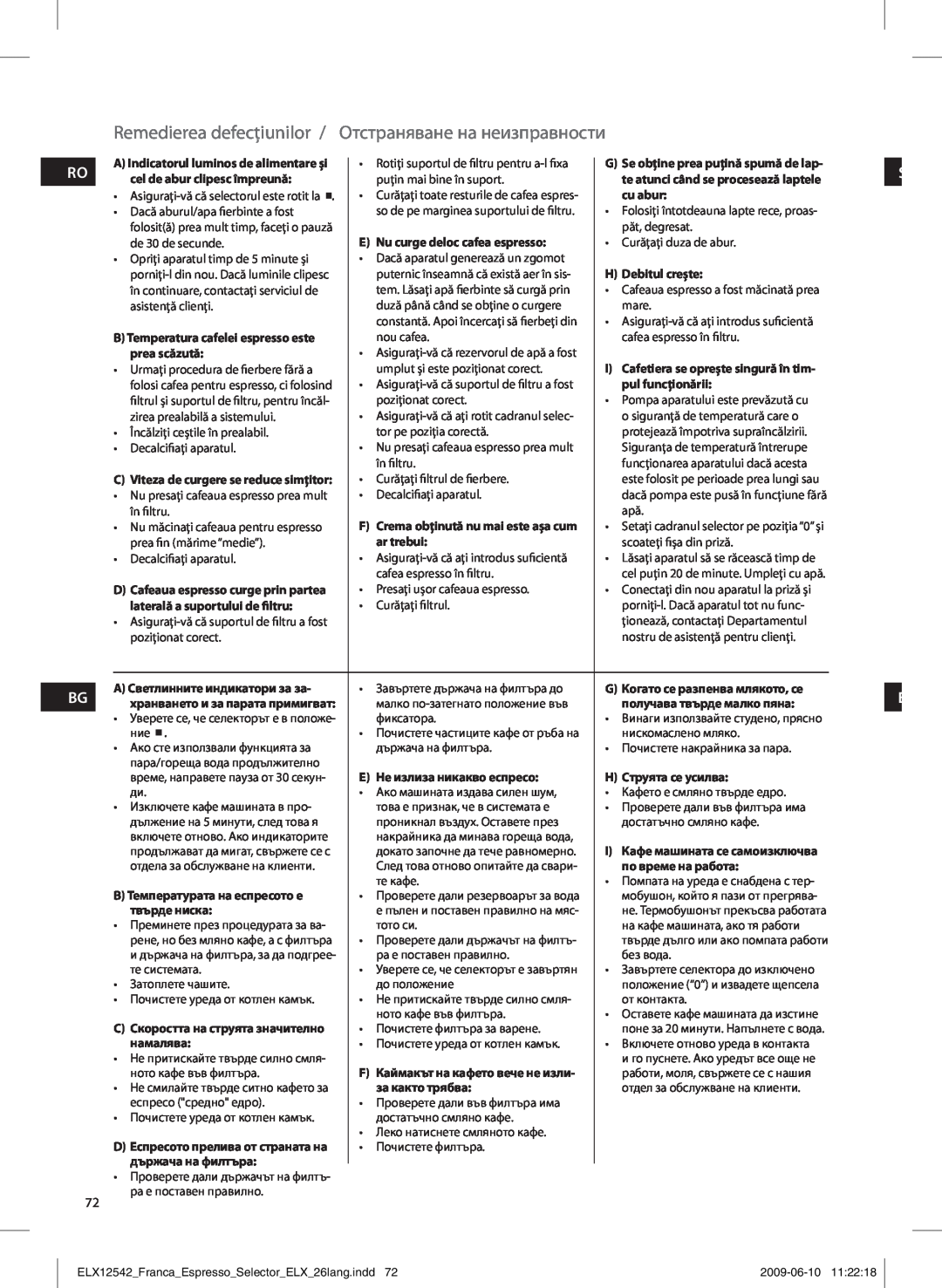 Electrolux EEA250 manual Remedierea defecţiunilor, Отстраняване на неизправности, Ro Bg 