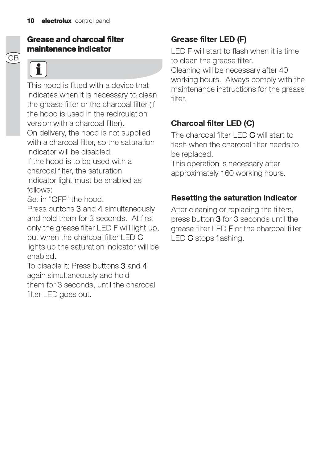 Electrolux EFA 9673 - 90673 Grease and charcoal filter maintenance indicator, Grease filter LED F, Charcoal filter LED C 