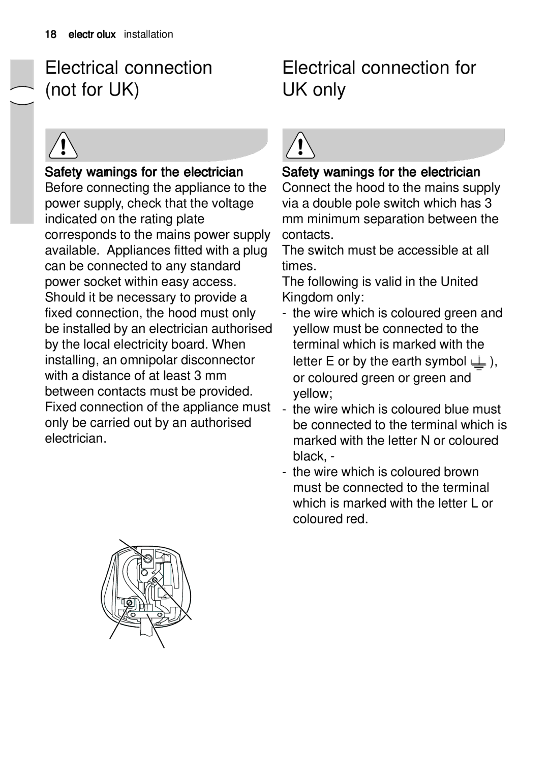 Electrolux EFA 9673 - 90673 user manual Electrical connection for UK only, Electrical connection GB not for UK 