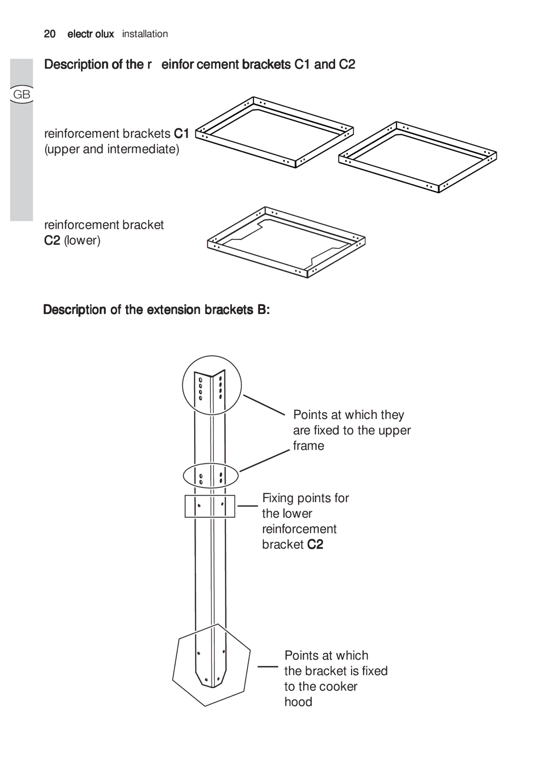 Electrolux EFA 9673 - 90673 Description of the reinforcement brackets C1 and C2, Description of the extension brackets B 