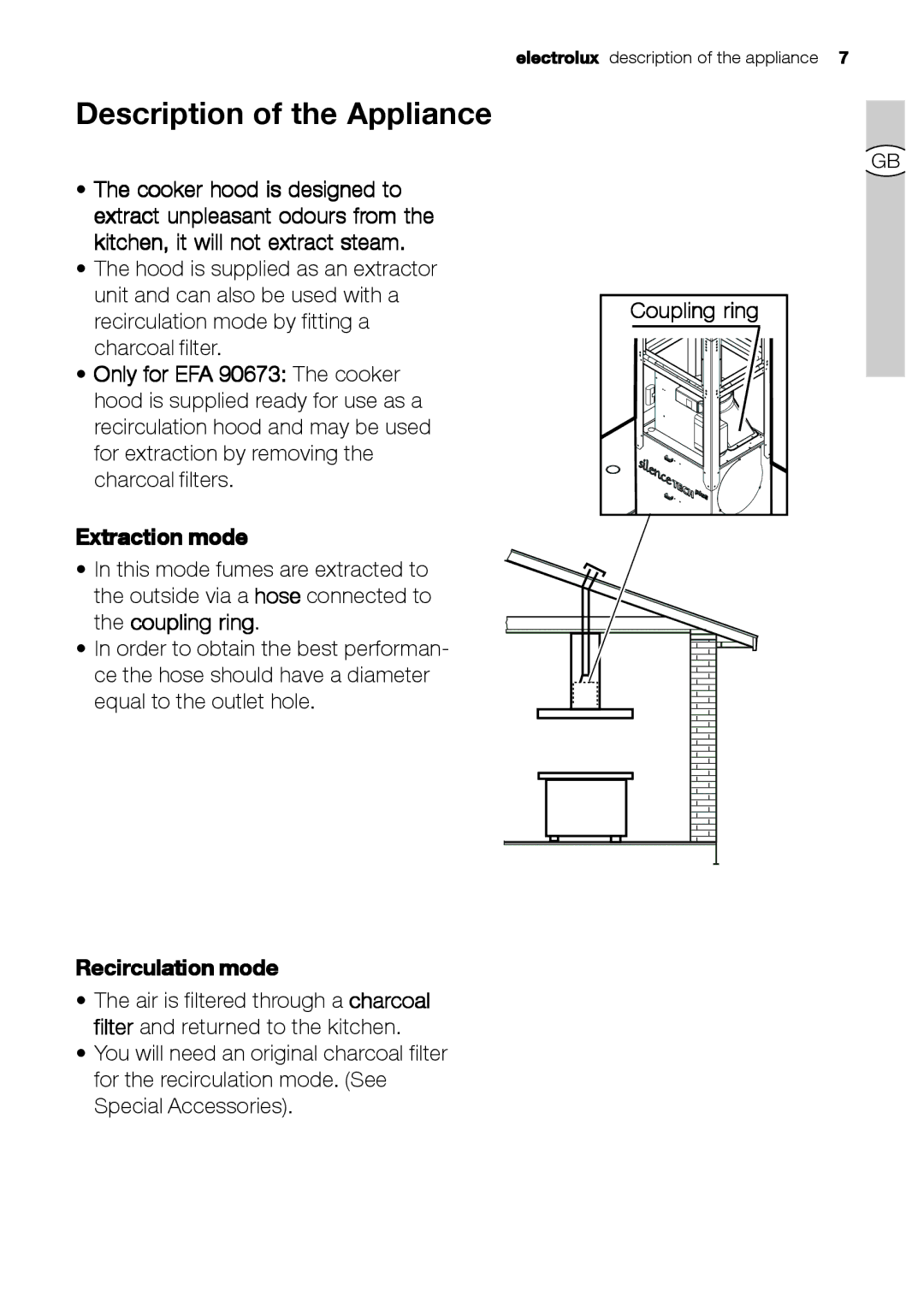 Electrolux EFA 9673 - 90673 user manual Description of the Appliance, Recirculation mode, Coupling ring 