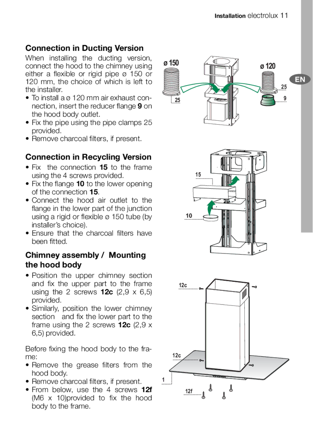 Electrolux EFA9620 user manual Connection in Ducting Version, Connection in Recycling Version 