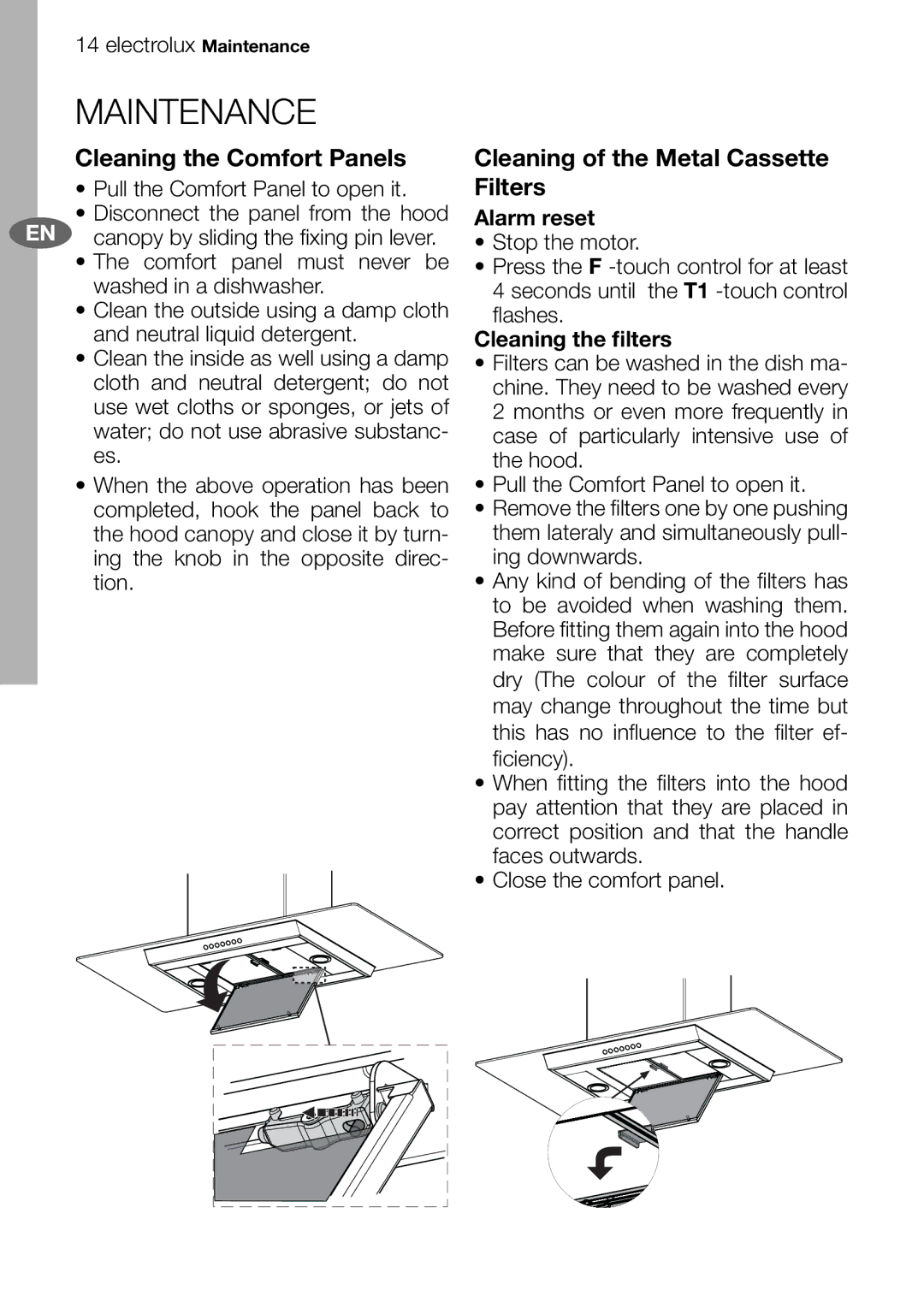 Electrolux EFA9620 Maintenance, Cleaning the Comfort Panels, Cleaning of the Metal Cassette Filters, Alarm reset 