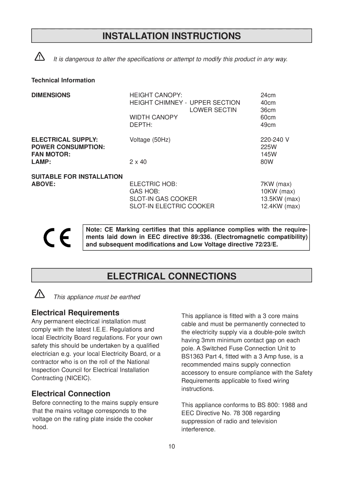 Electrolux EFC 630 manual Installation Instructions, Electrical Connections, Electrical Requirements 