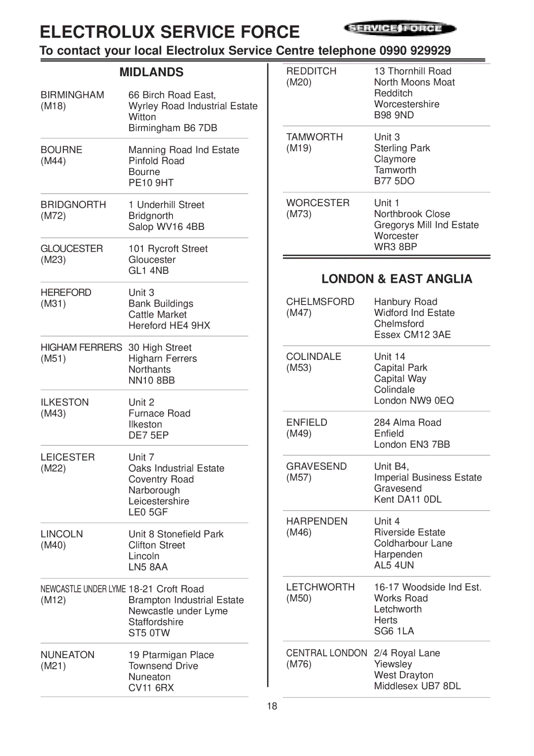 Electrolux EFC 630 manual Midlands, London & East Anglia 