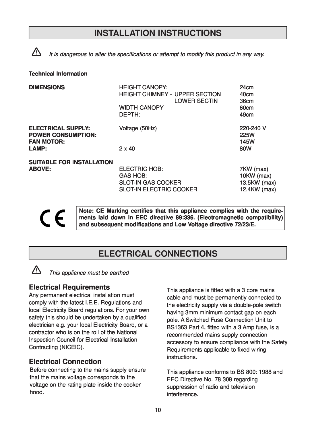 Electrolux EFC 630 Installation Instructions, Electrical Connections, Electrical Requirements, Technical Information, Lamp 
