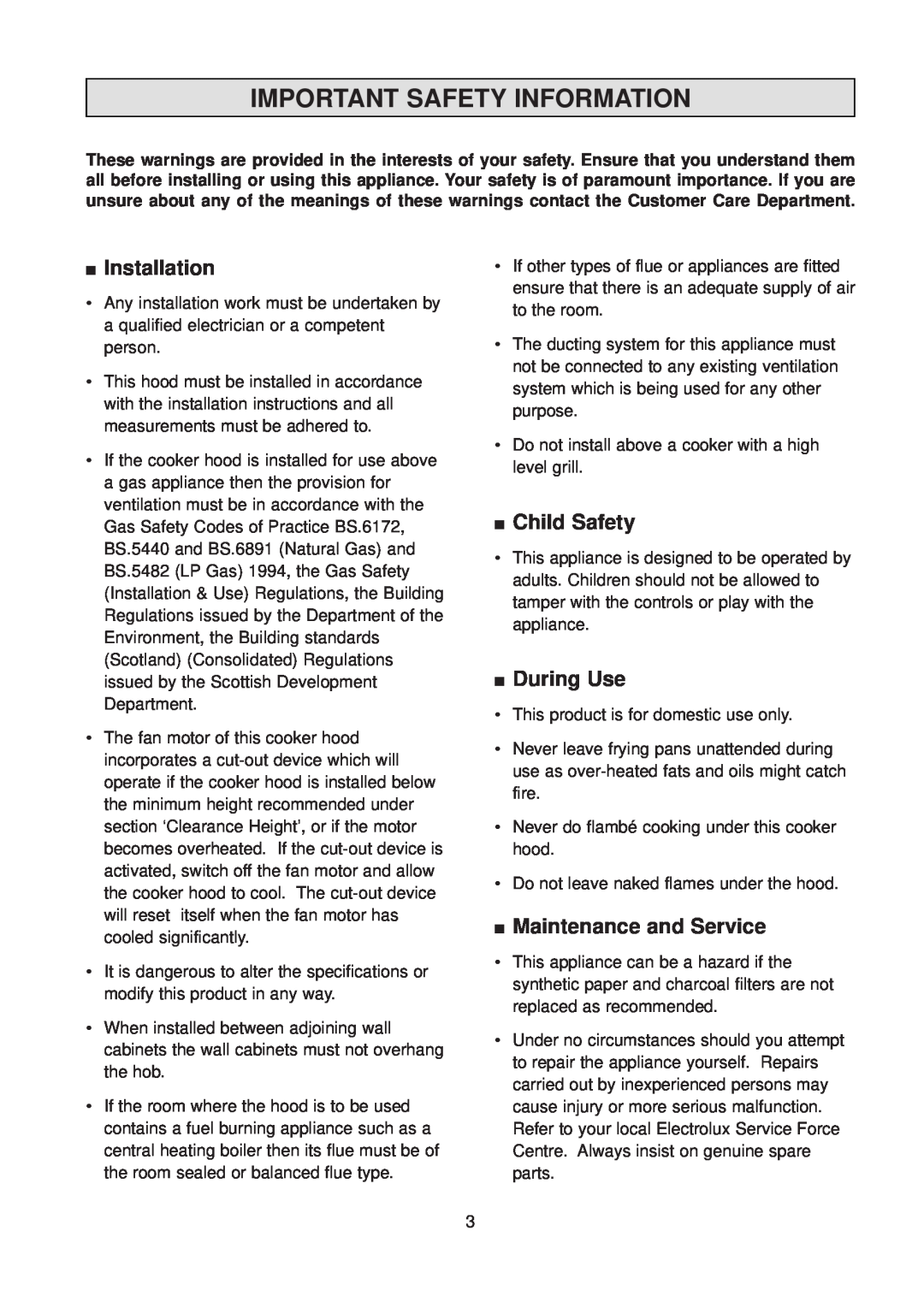 Electrolux EFC 630 manual Important Safety Information, Installation, Child Safety, During Use, Maintenance and Service 