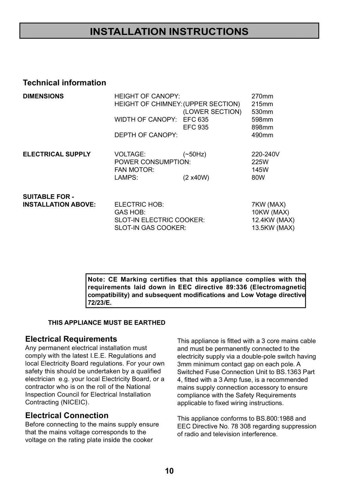 Electrolux EFC 635, EFC 935 manual Installation Instructions, Technical information, Electrical Requirements 