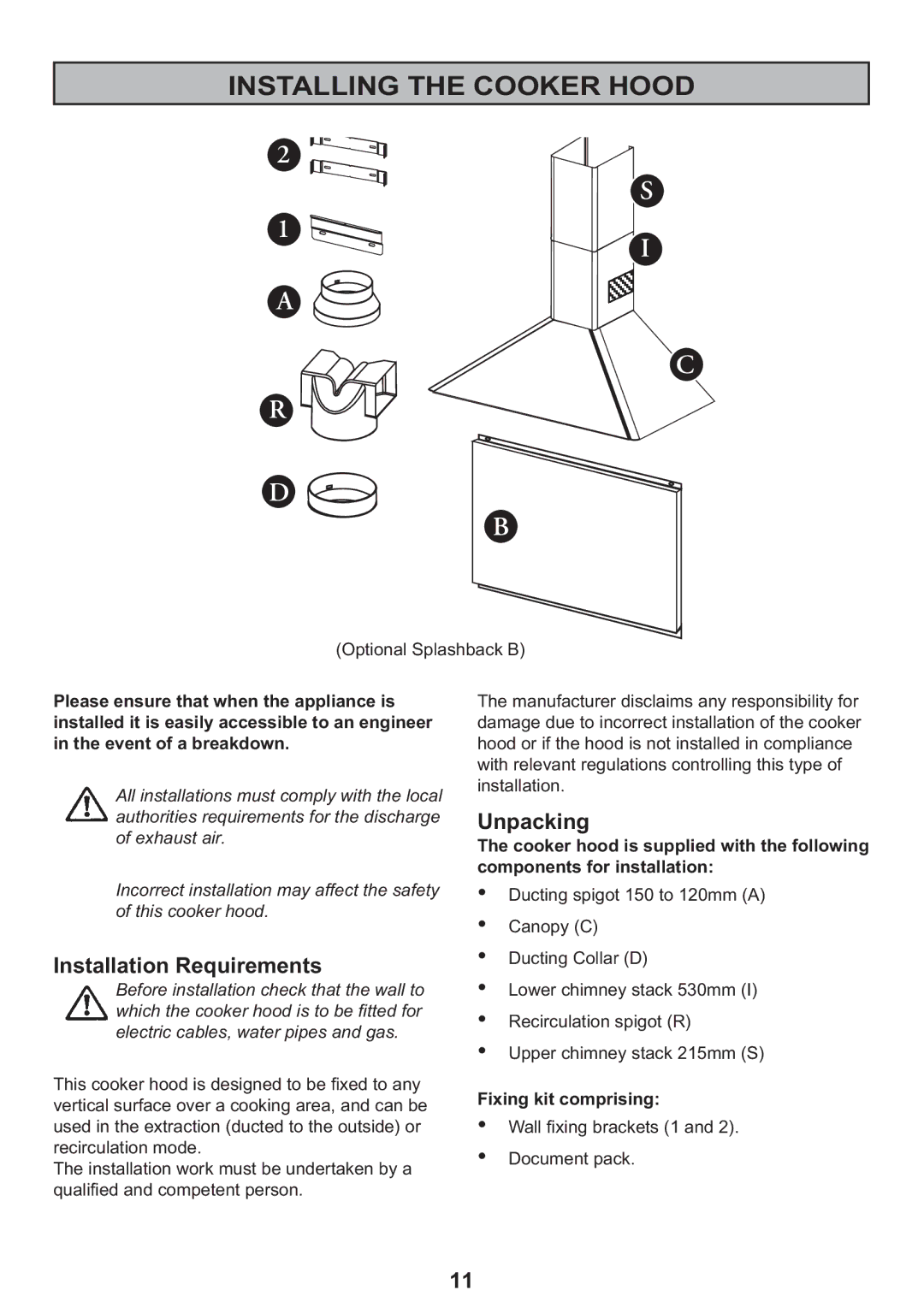 Electrolux EFC 935, EFC 635 manual Installing the Cooker Hood, Installation Requirements, Unpacking, Fixing kit comprising 