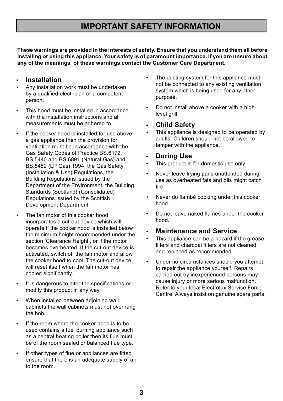 Electrolux EFC 935, EFC 635 Important Safety Information, Installation, Child Safety, During Use, Maintenance and Service 