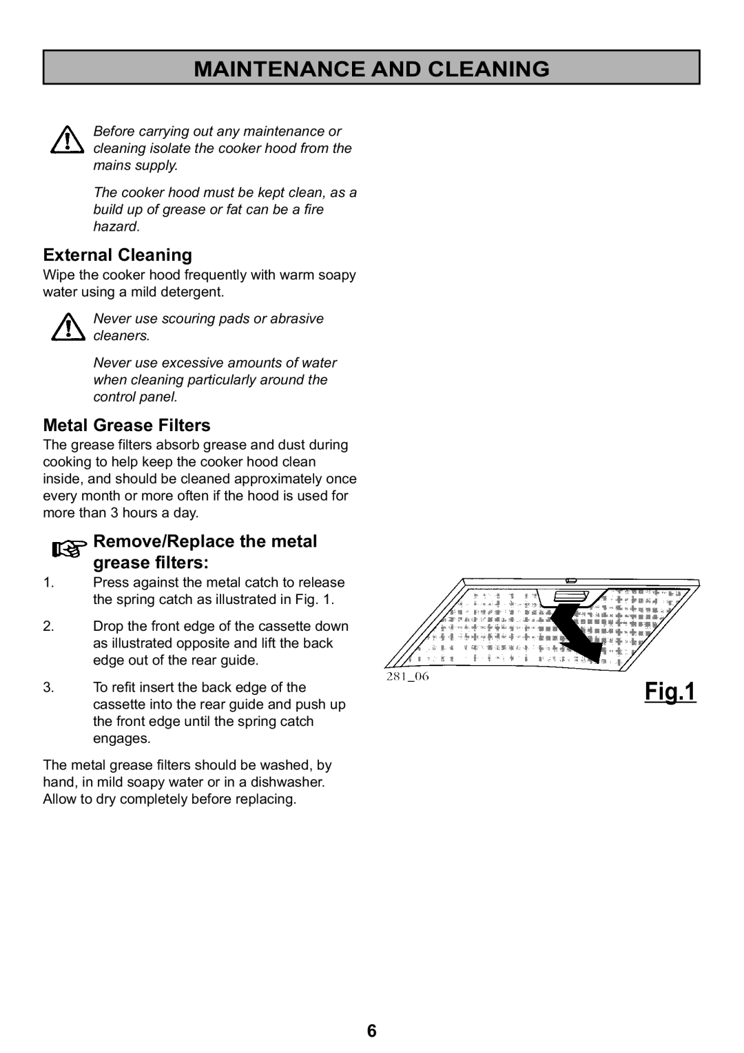 Electrolux EFC 635, EFC 935 manual Maintenance and Cleaning, External Cleaning, Metal Grease Filters 