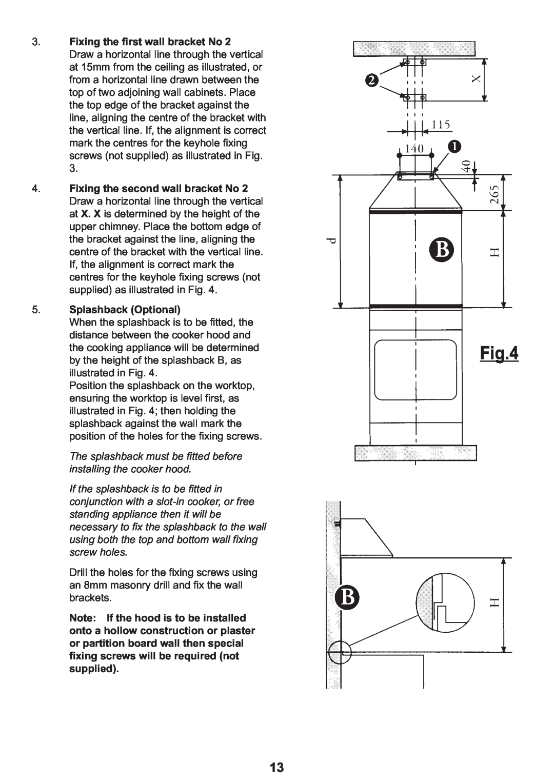 Electrolux EFC 935, EFC 635 manual Fixing the first wall bracket No, Splashback Optional 