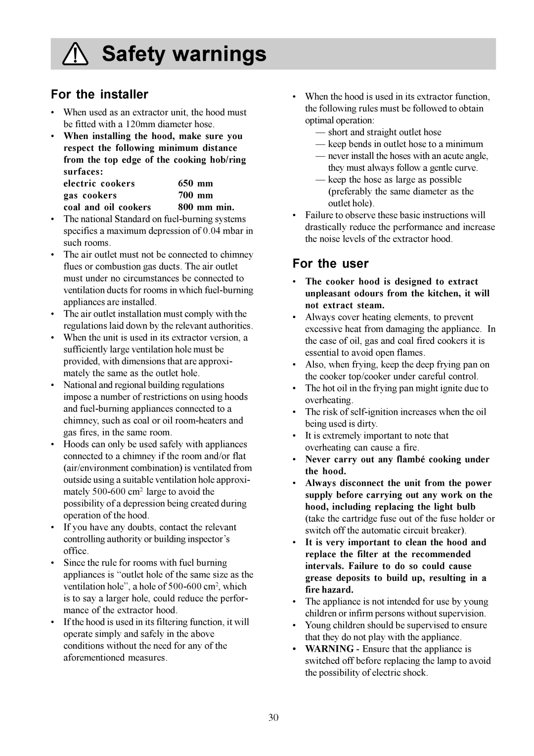 Electrolux EFC 650-950-640, CH 1200-900-600 user manual Safety warnings, For the installer, For the user 