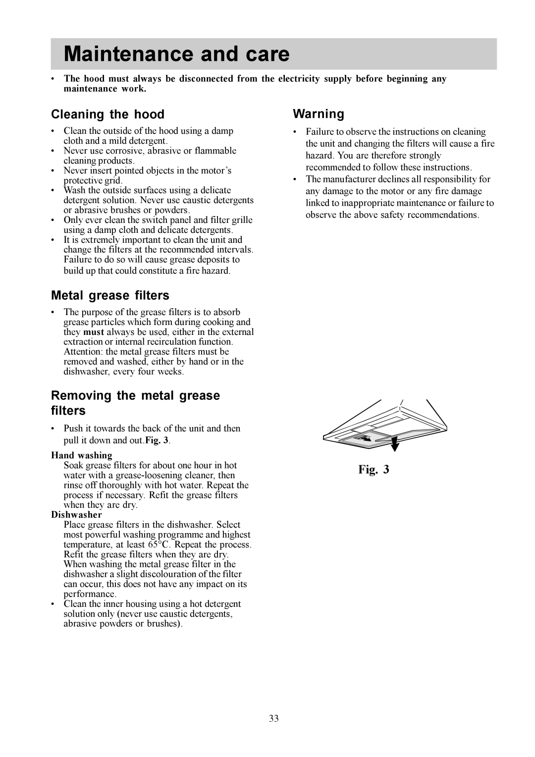 Electrolux EFC 650-950-640, CH 1200-900-600 user manual Maintenance and care, Cleaning the hood, Metal grease filters 