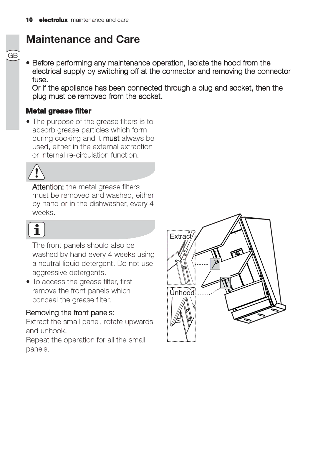 Electrolux EFC 6441, EFC 9441 user manual Maintenance and Care, Removing the front panels 