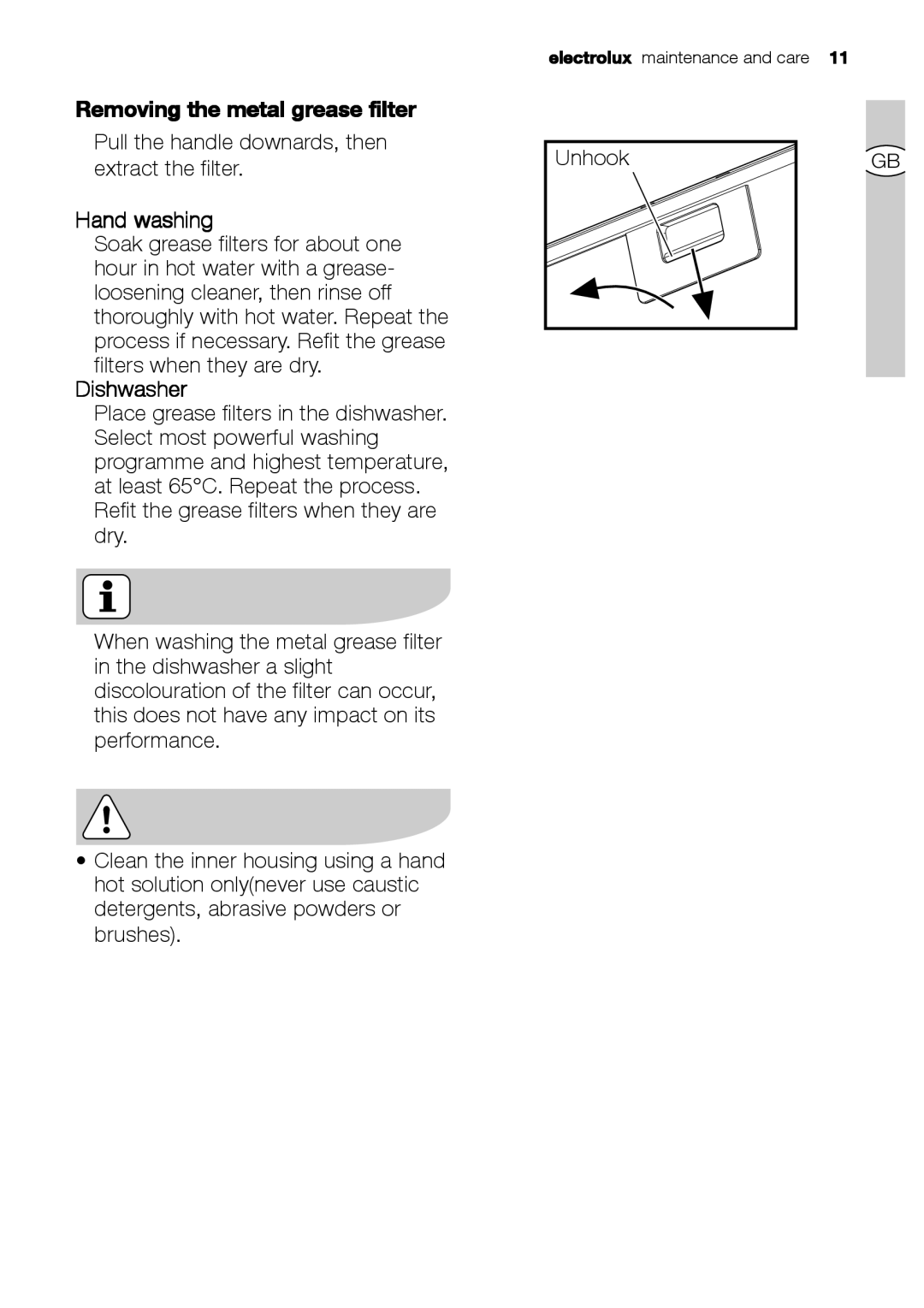 Electrolux EFC 9441, EFC 6441 user manual Removing the metal grease filter, Hand washing, Dishwasher 