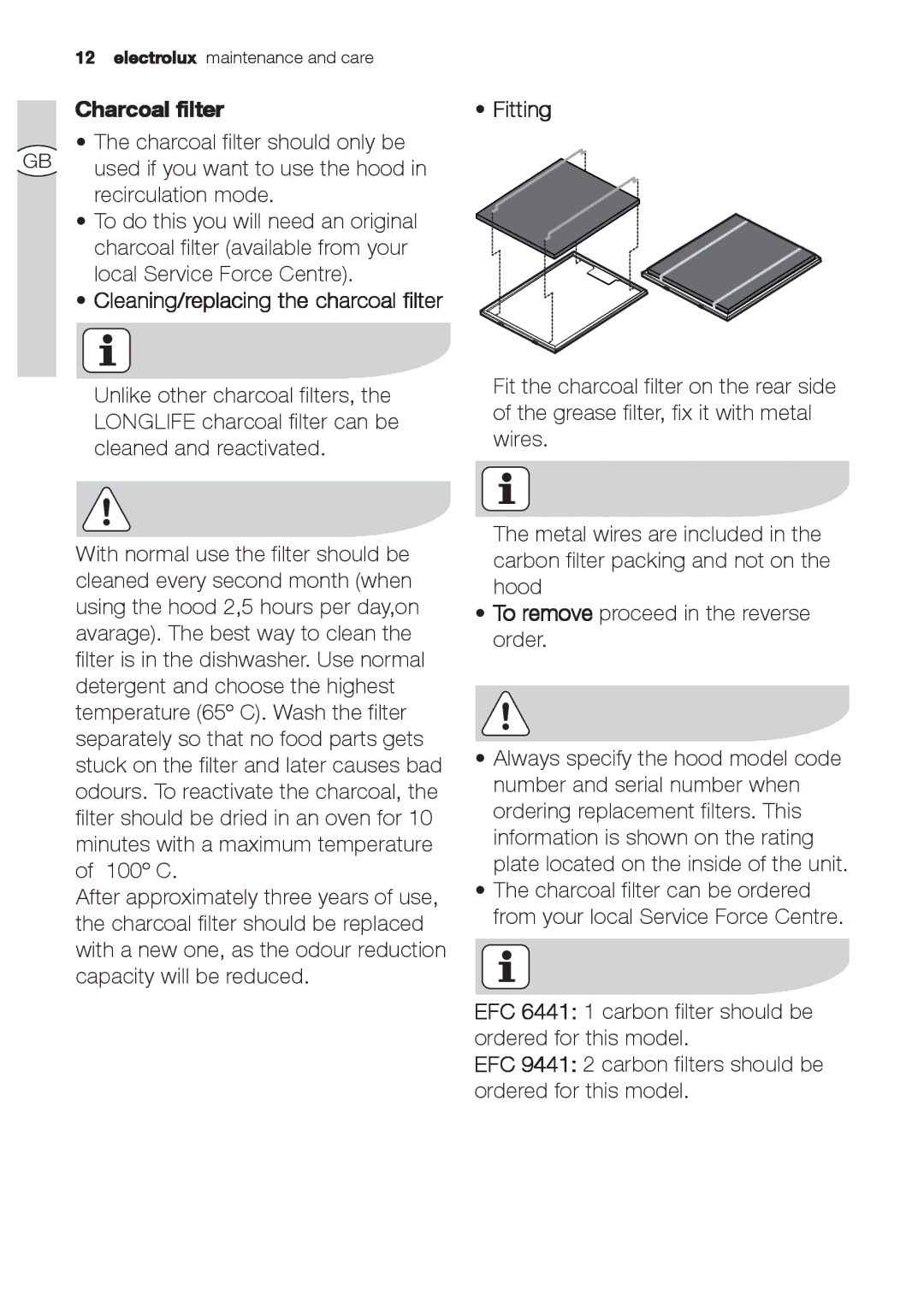 Electrolux EFC 6441, EFC 9441 user manual Charcoal filter, Cleaning/replacing the charcoal filter 