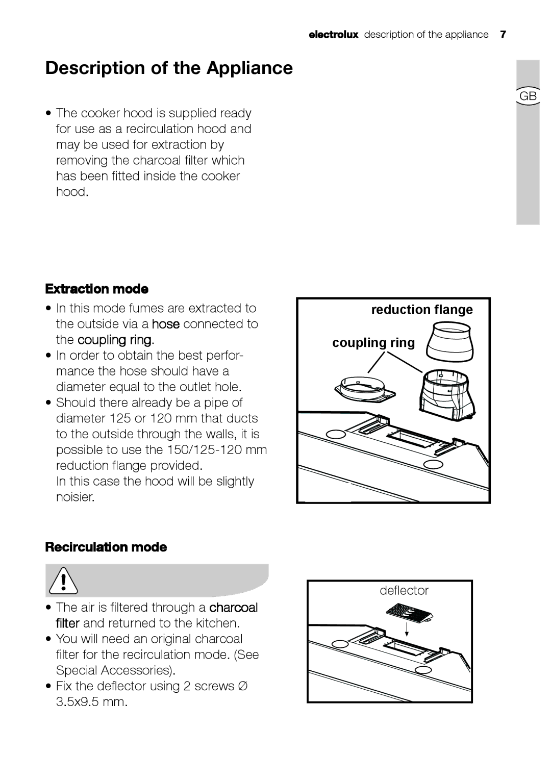 Electrolux EFC 9441 Description of the Appliance, Extraction mode, Reduction flange, Coupling ring, Recirculation mode 