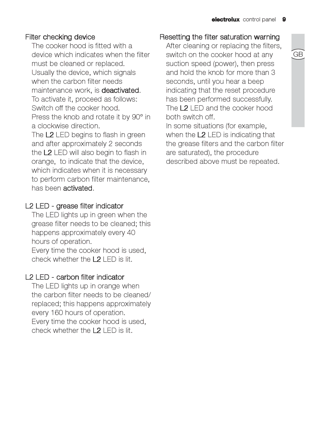 Electrolux EFC 9441, EFC 6441 user manual Filter checking device, L2 LED grease filter indicator 