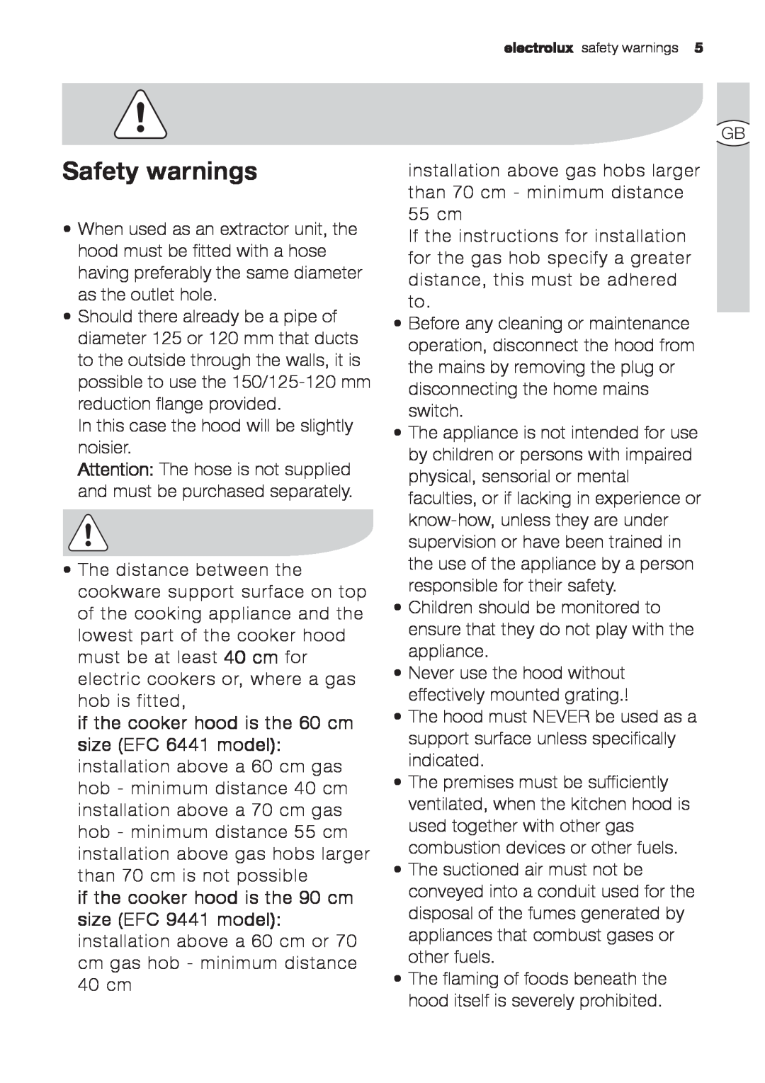 Electrolux EFC 9441, EFC 6441 user manual Safety warnings 