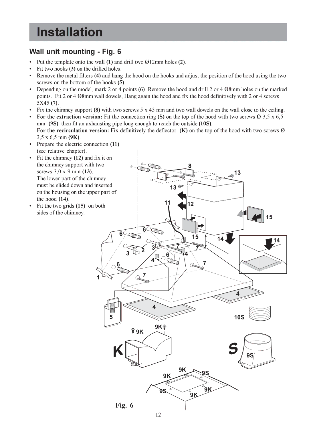 Electrolux EFC 9418 user manual Wall unit mounting Fig, 10S 