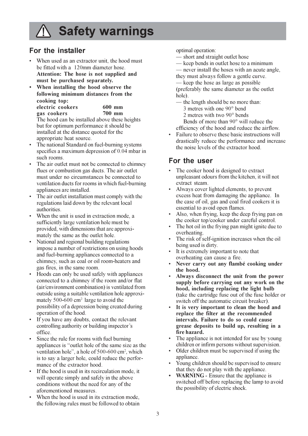 Electrolux EFC 9418 user manual Safety warnings, For the installer, For the user 