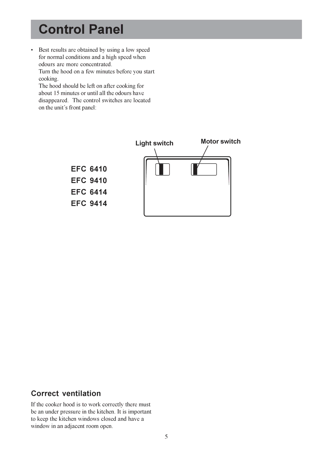 Electrolux EFC 9418 user manual Control Panel, EFC Correct ventilation 