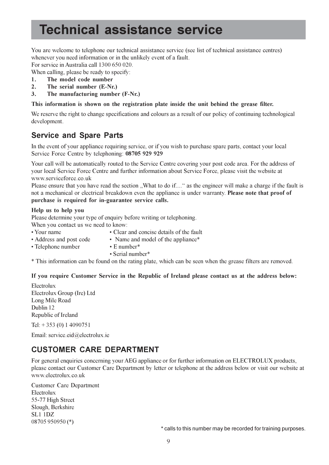 Electrolux EFC 9418 user manual Technical assistance service, Service and Spare Parts 