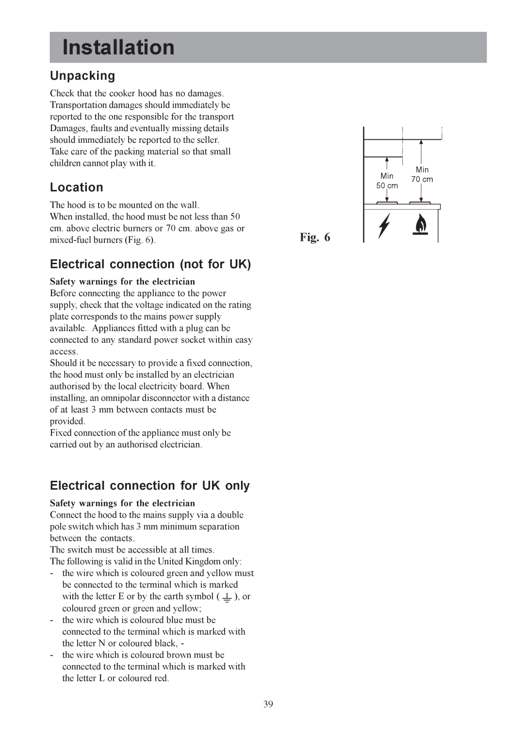 Electrolux EFC 9440 Installation, Unpacking, Location, Electrical connection not for UK, Electrical connection for UK only 