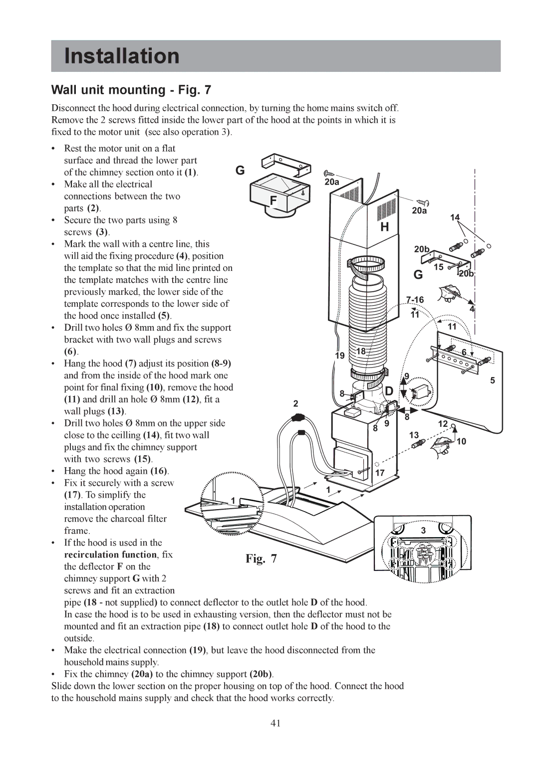 Electrolux EFC 9440 user manual Wall unit mounting Fig, Drill two holes Ø 8mm on the upper side 