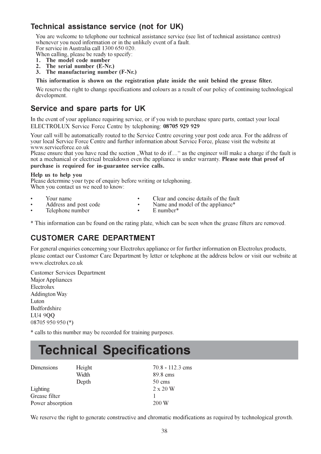 Electrolux EFC 9440 user manual Technical assistance service not for UK, Service and spare parts for UK 