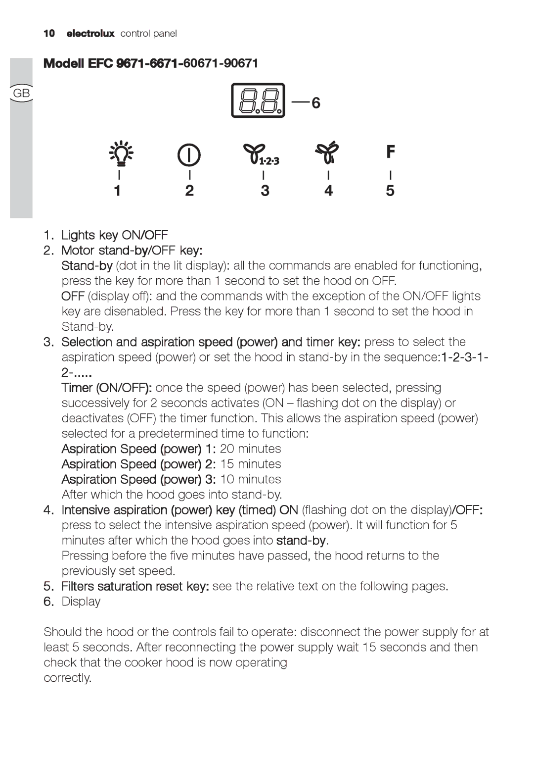 Electrolux EFC 9670-6670, EFC 9673 user manual Modell EFC Lights key ON/OFF Motor stand-by/OFF key 