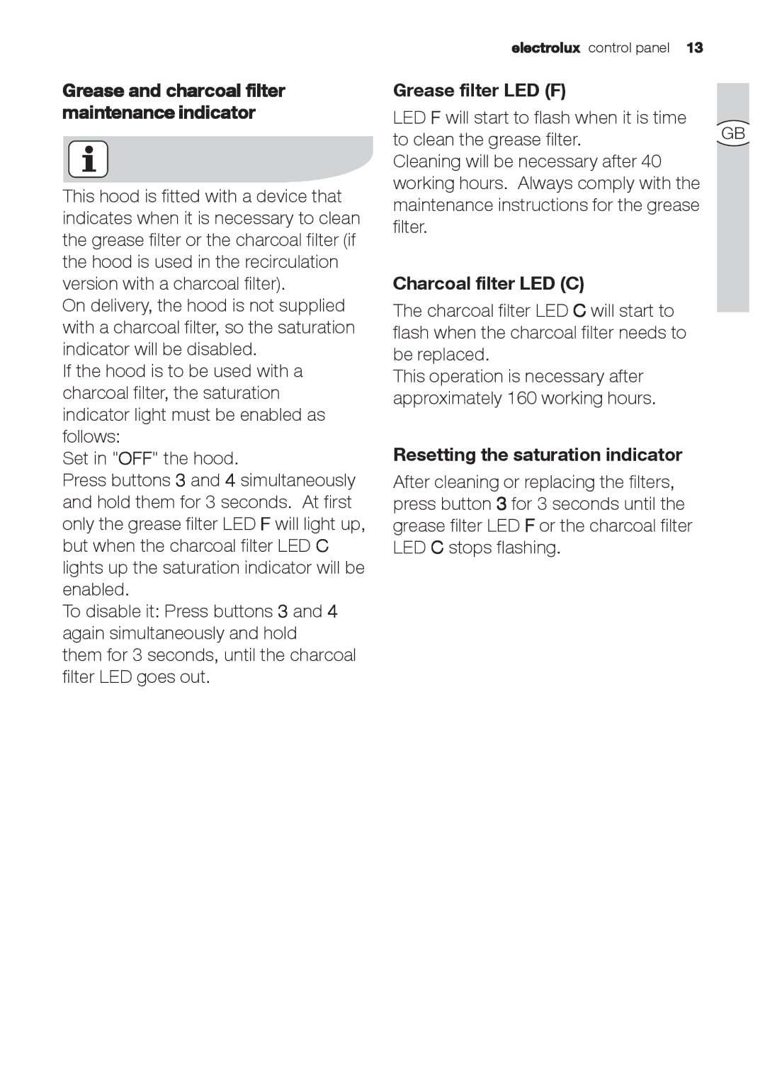 Electrolux EFC 9673, EFC 9670-6670 user manual Grease and charcoal filter maintenance indicator 