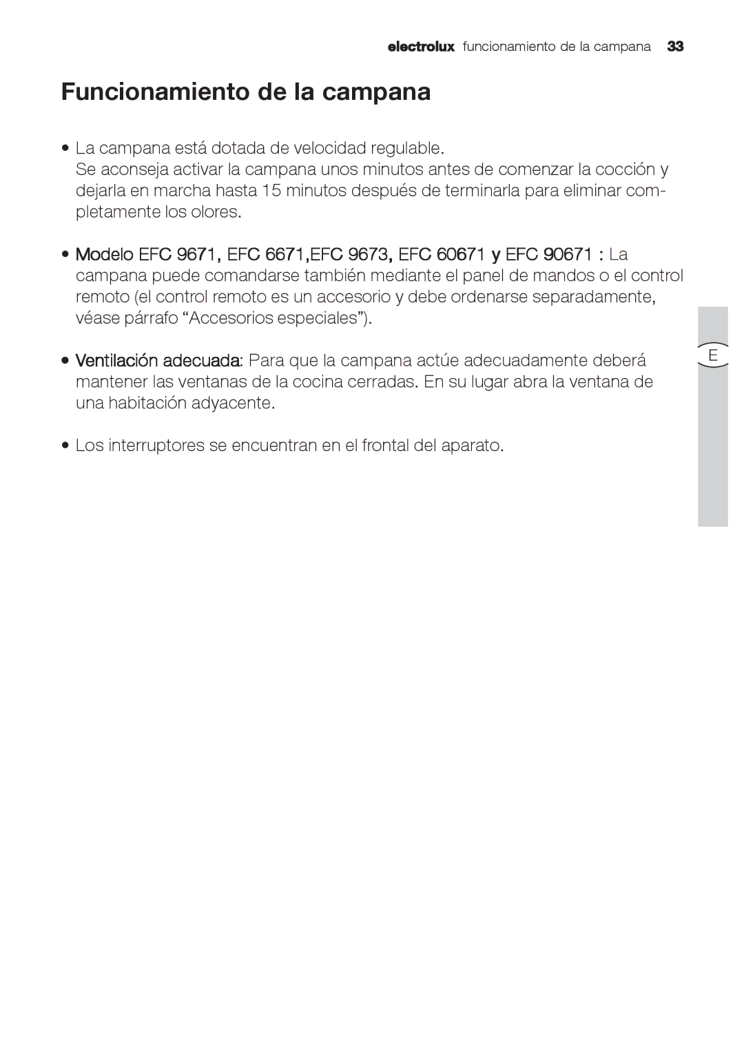 Electrolux EFC 9673, EFC 9670-6670 user manual Funcionamiento de la campana 