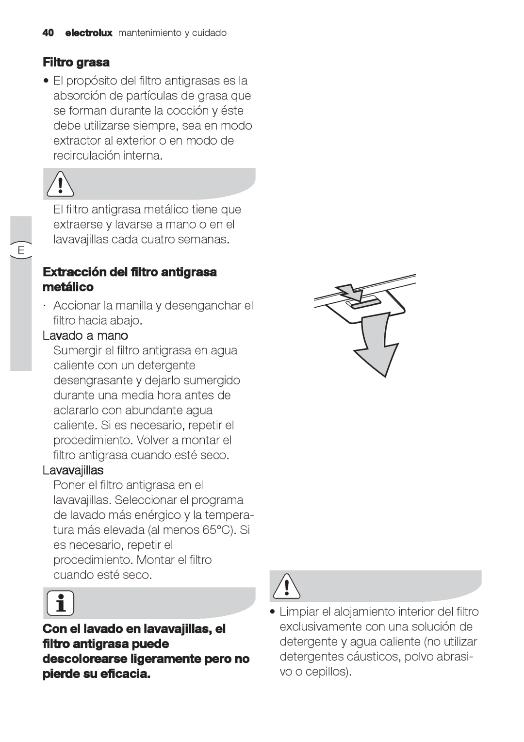 Electrolux EFC 9670-6670, EFC 9673 Filtro grasa, Extracción del filtro antigrasa metálico, Lavado a mano, Lavavajillas 