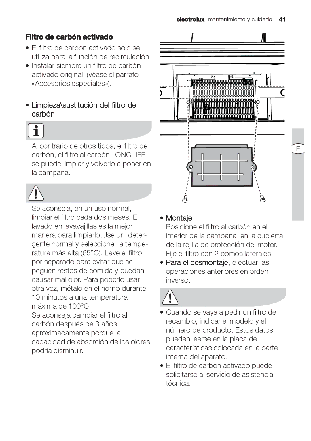 Electrolux EFC 9673, EFC 9670-6670 user manual Filtro de carbón activado, Limpieza\sustitución del filtro de carbón, Montaje 