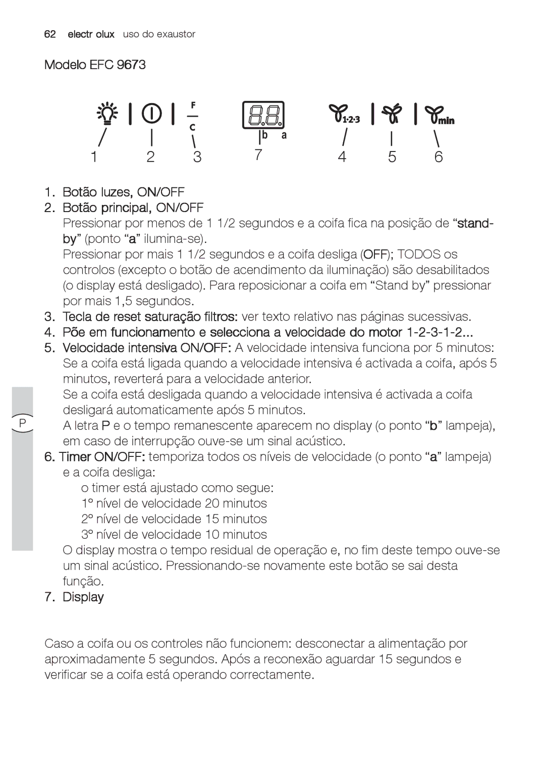 Electrolux EFC 9670-6670, EFC 9673 user manual Modelo EFC Botão luzes, ON/OFF Botão principal, ON/OFF 