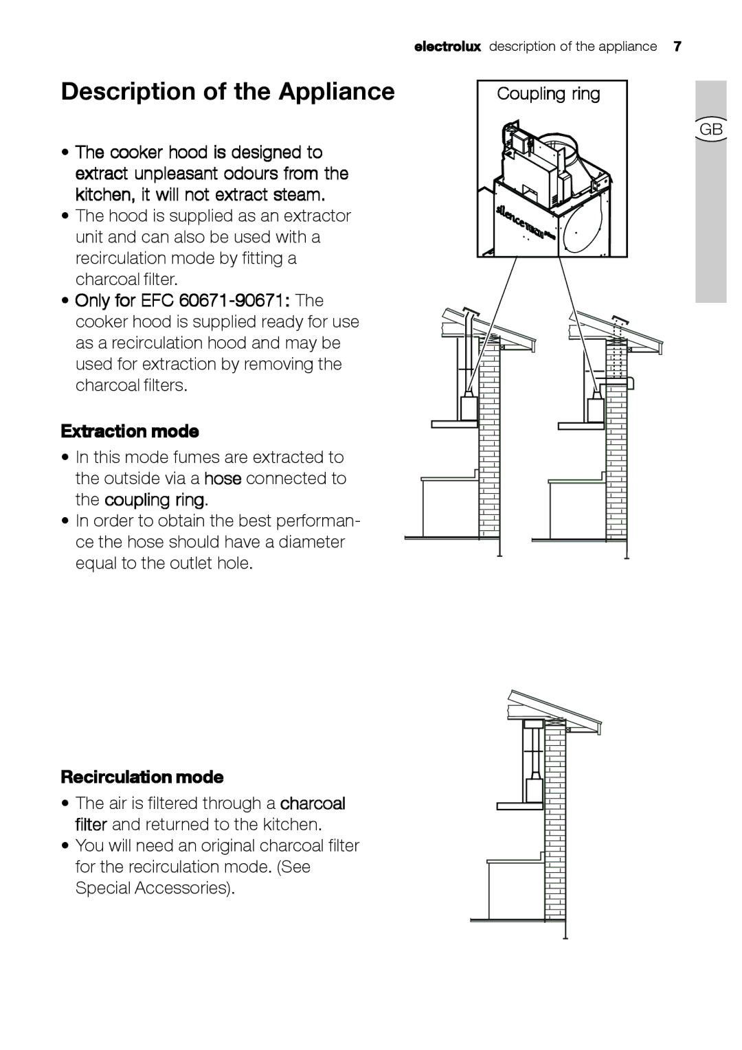 Electrolux EFC 9673, EFC 9670-6670 user manual Description of the Appliance, Coupling ring Recirculation mode 