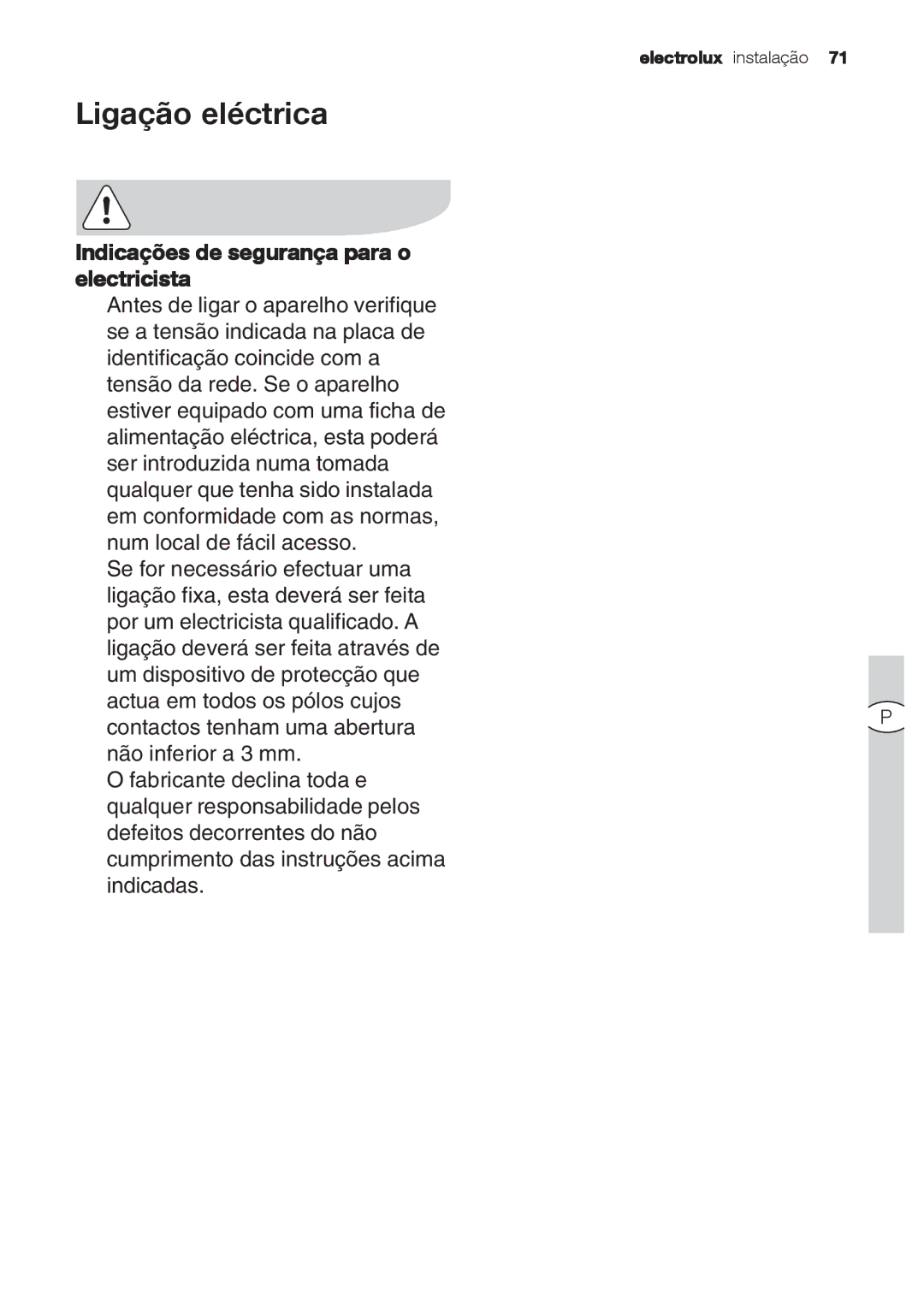 Electrolux EFC 9673, EFC 9670-6670 user manual Ligação eléctrica, Indicações de segurança para o electricista 