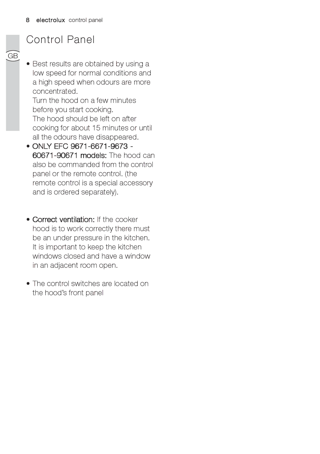 Electrolux EFC 9670-6670, EFC 9673 user manual Control Panel 