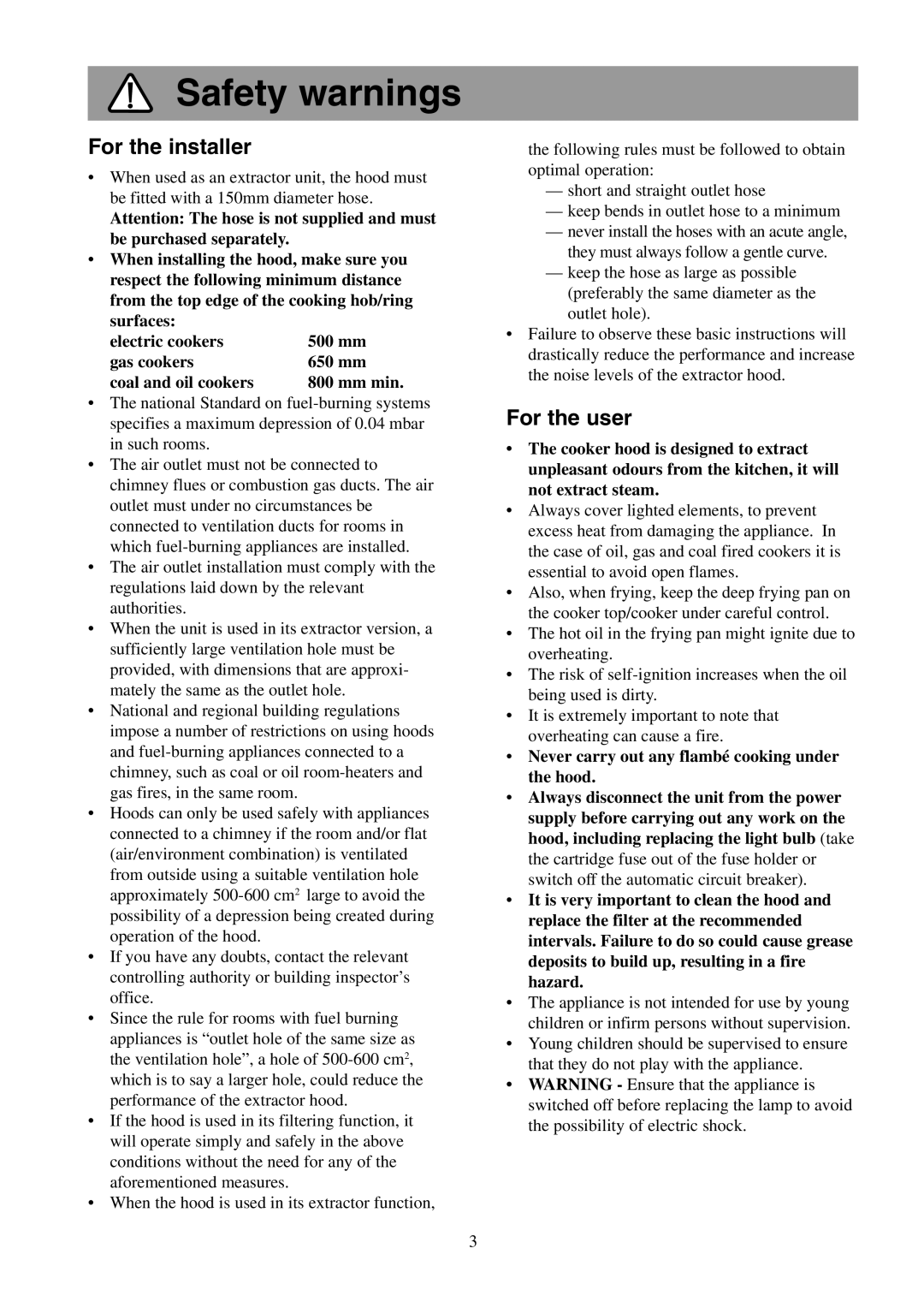 Electrolux EFC 980 user manual Safety warnings, For the installer, For the user 