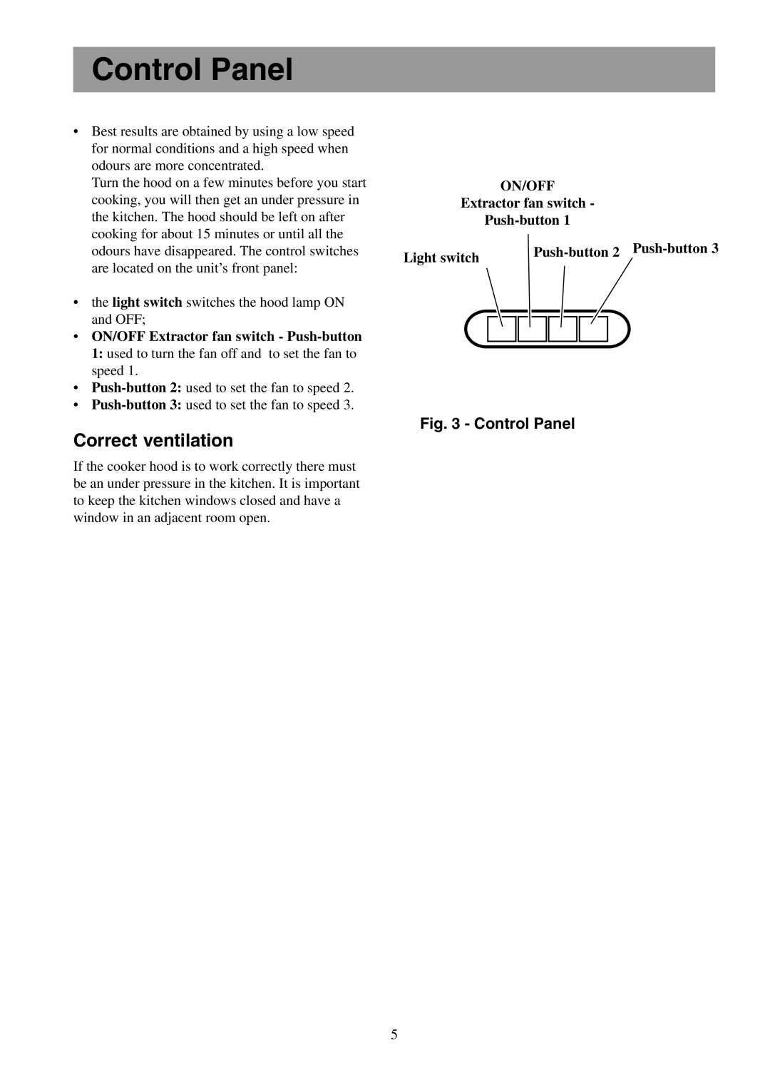 Electrolux EFC 980 user manual Control Panel, Correct ventilation 